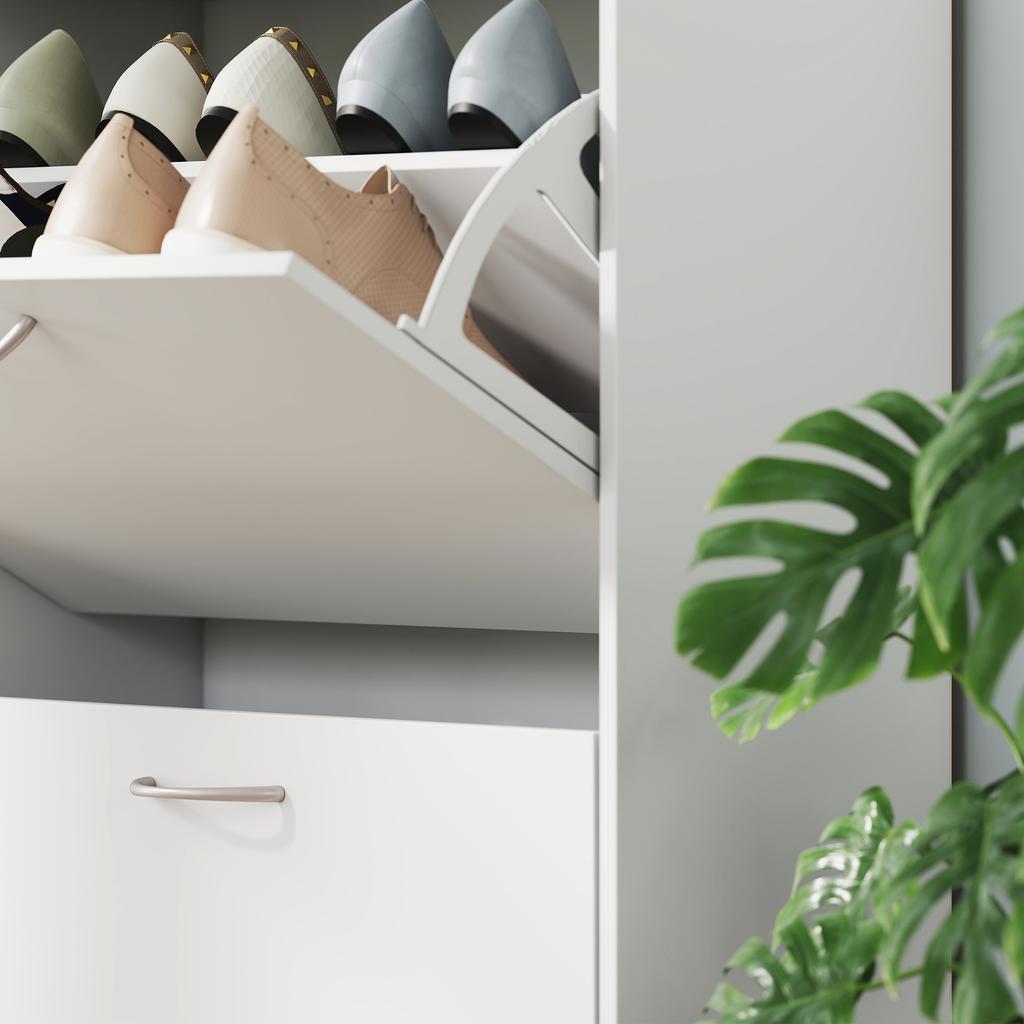 Space-Saving Wooden Shoe Rack, 4 Drop-Down Drawers, 16-24 Pairs, 120x24x81cm, White