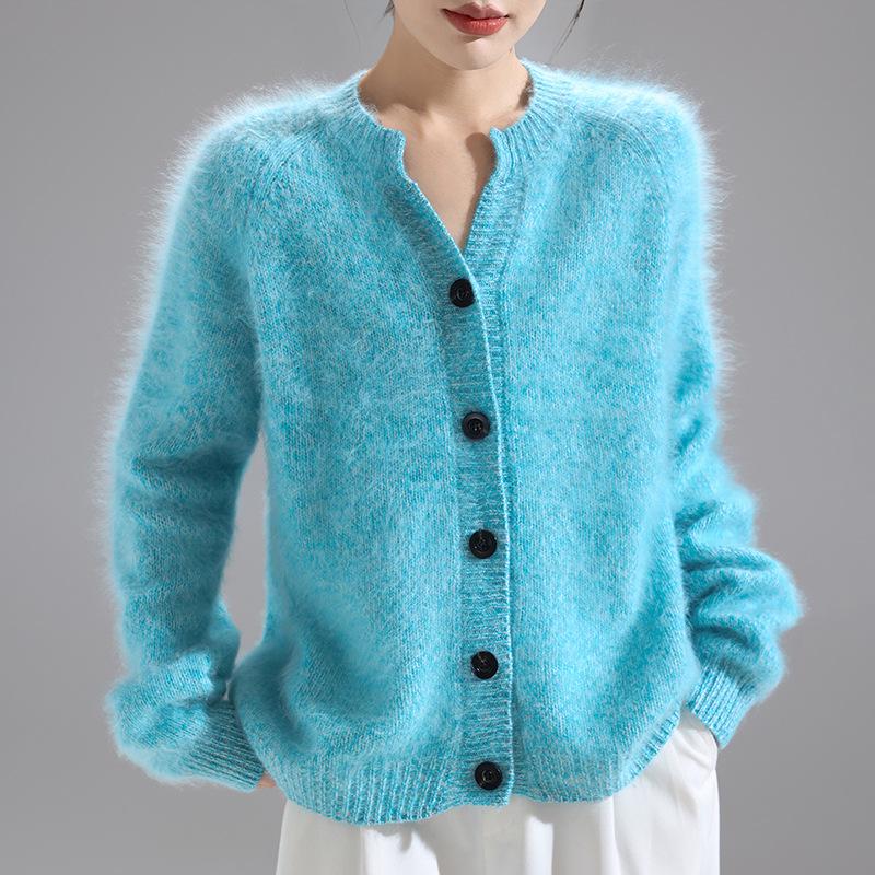 Women's 100% Pure Wool Brushed Round Neck Cardigan Sweater - Autumn Style