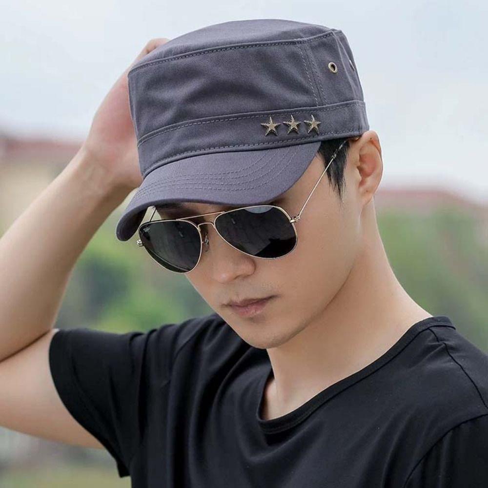 Solid Flat Top Hat Stars Sunshade Hat Breathable Cadet Hat Men Sunscrean