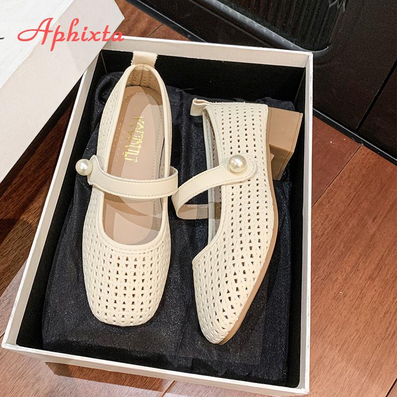 Fashion Aphixta 3.5cm Square Heels Women Mary Janes Shoes Hook Loop Pearls Weave Design Dress Shoes Breathable Med Heel Woman Shoes