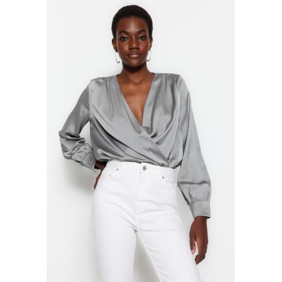 Bluze&Cămăşi Dublu Decolteu Umăr Plisat Elegantă Bluză din Satin