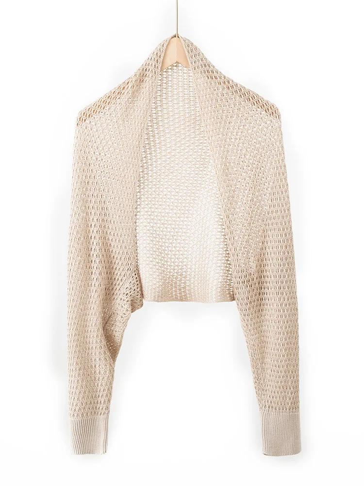 Spring Real Silk Cashmere Openwork Shawl Wrap with Sleeves Women Pashmina Super Thin Yarn Soft Knit Summer Sun Protection Blouse