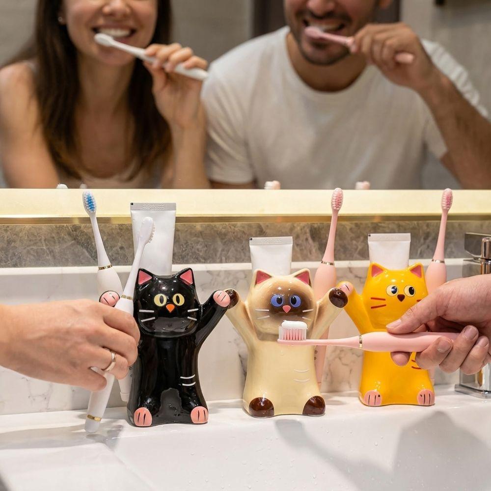 Cartoon Animal Cat Toothbrush Holder Anti-Slip Base Toothpaste Storage Shelf Bathroom Organizer