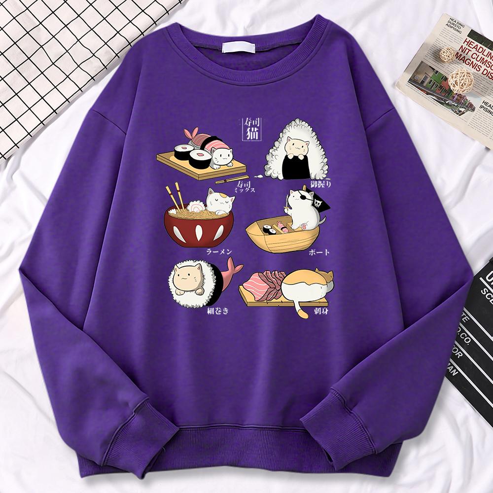 Simple Autumn Women Sweatshirt Sushi Cat'S Day Harajuku Printing Hoodies Crewneck  Pullover Warm Loose Female Streetwear