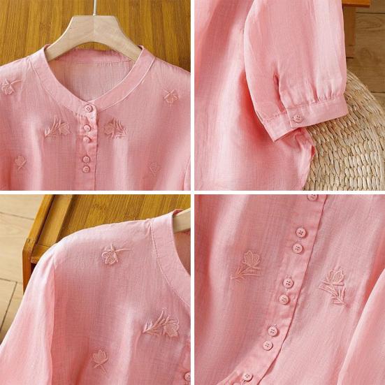 Women Shirt Round Neck 46085 Sleeve Buttons Placket Shirt Tops Pure Color Floral Embroidery