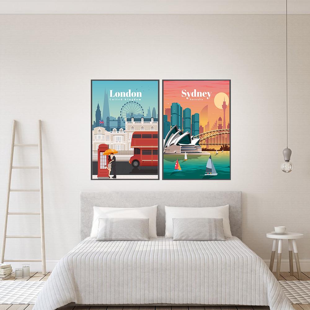 Famous City Retro Travel Poster Cartoon London New York Bali Tokyo Landscape Canvas Painting Wall Art Pictures Livingroom Decor