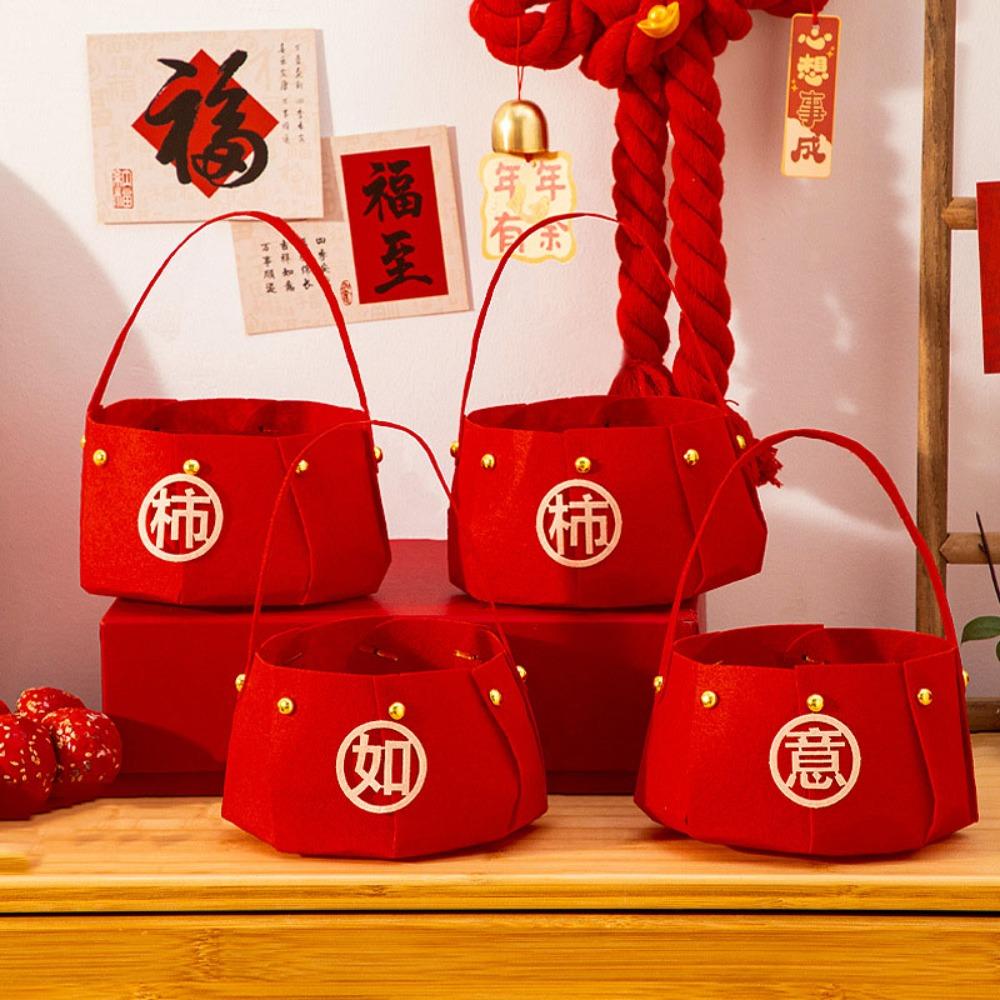 Red Candy Storage Bag Felt Gift Bags Joyful New Year Handheld  Fruit Basket  Party Decor