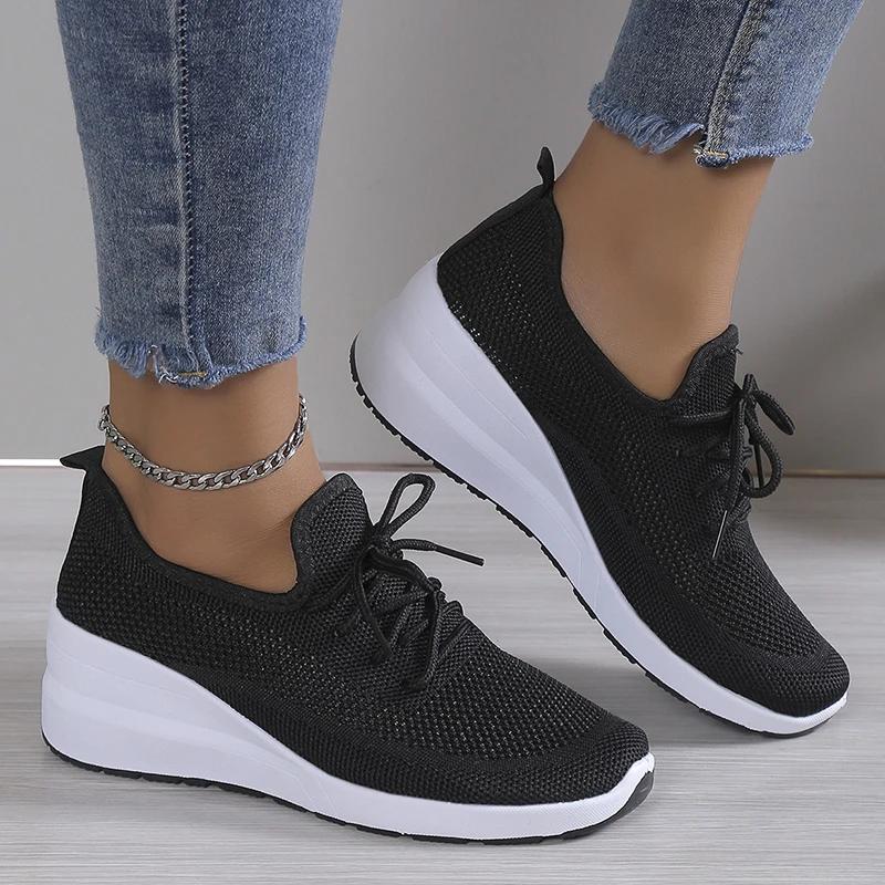 Spring Breathable Wedge Sneakers Women Mesh Knitted Platform Sports Shoes Woman Casual Non-Slip Lace Up Tennis Shoes Ladies