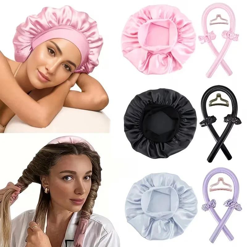 3/5/8pcs No-Heat Curling Iron Set with Satin Sleep Cap Hair Clips Comb Hair Tie Women's Heatless Overnight Styling Tools