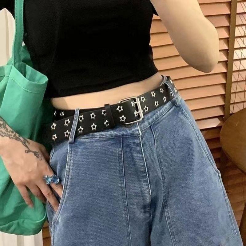 Vintage Hollow Punk Style Casual Double Row Star Studded Buckle Women's Fashion Belt
