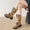 2025 new round head thick heel medium boots with skirt niche design belt buckle versatile fashion knight boots women