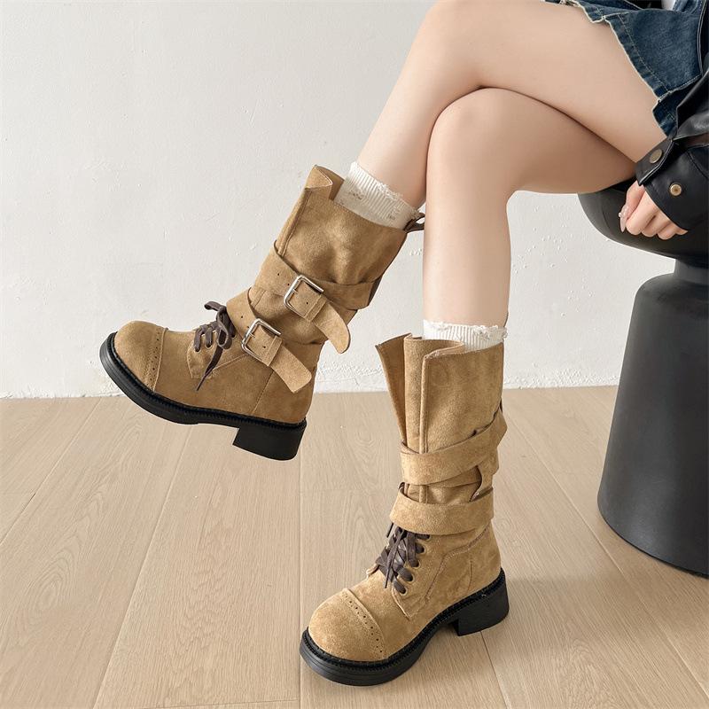 2025 new round head thick heel medium boots with skirt niche design belt buckle versatile fashion knight boots women