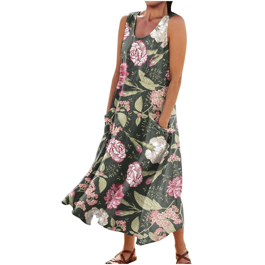 Women's Summer Casual Fashion Retro Printed Sleeveless Round Neck Pocket Dress