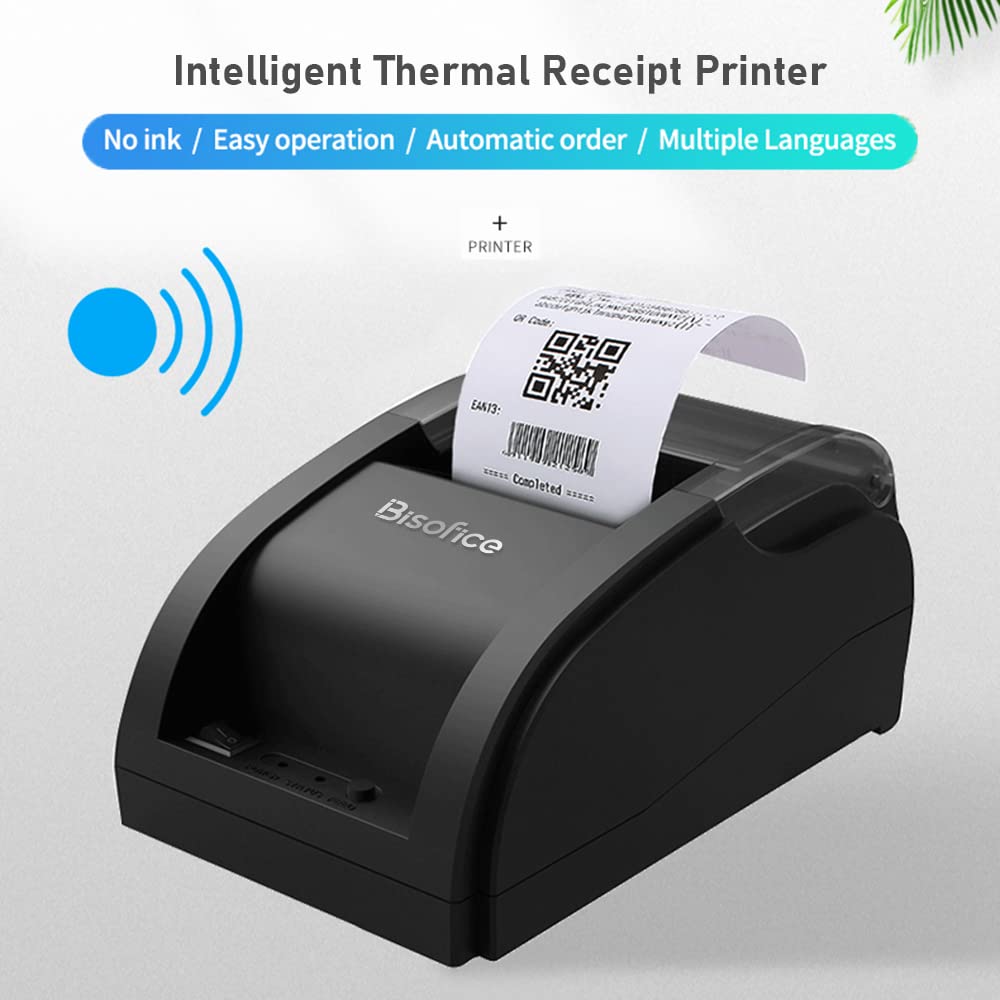 Desktop 58mm Thermal Receipt Printer, Barcode Printer, USB+BT Connection, 1 Roll Paper Included, Internal ESC Command Support, Cashbox Connection, Com