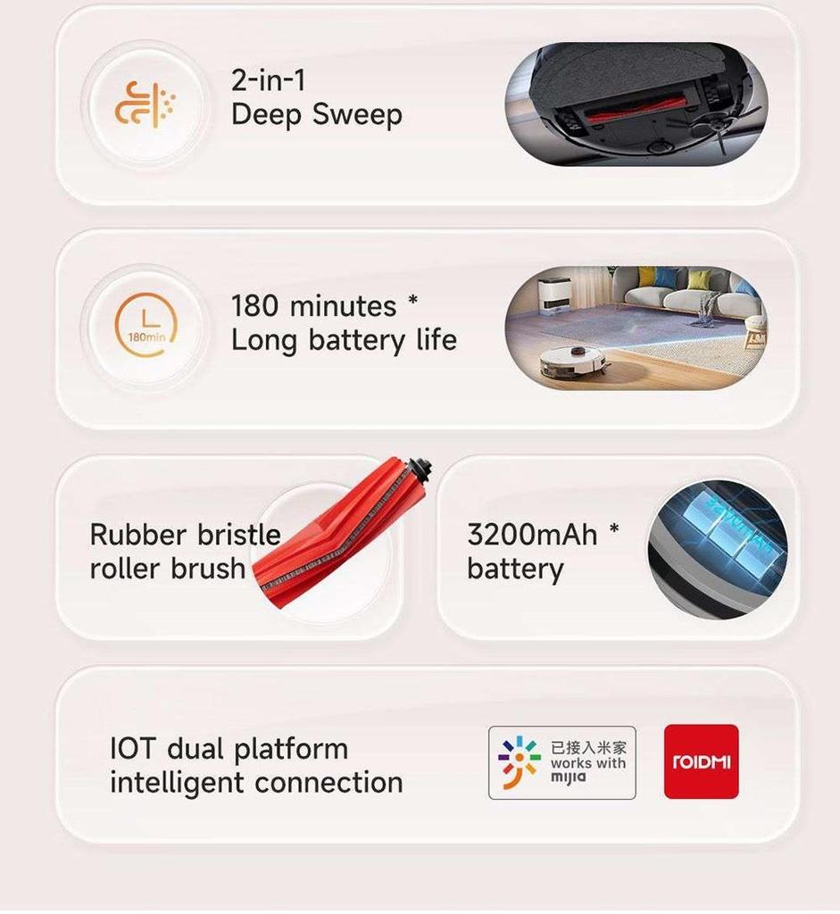 שואב אבק רובוטי משופץ Xiaomi ROIDMI EVE CC, שאיבה וניגוב, עוצמת שאיבה 3800Pa, מיכל מים 0.29 ליטר, מיכל אבק 0.26 ליטר