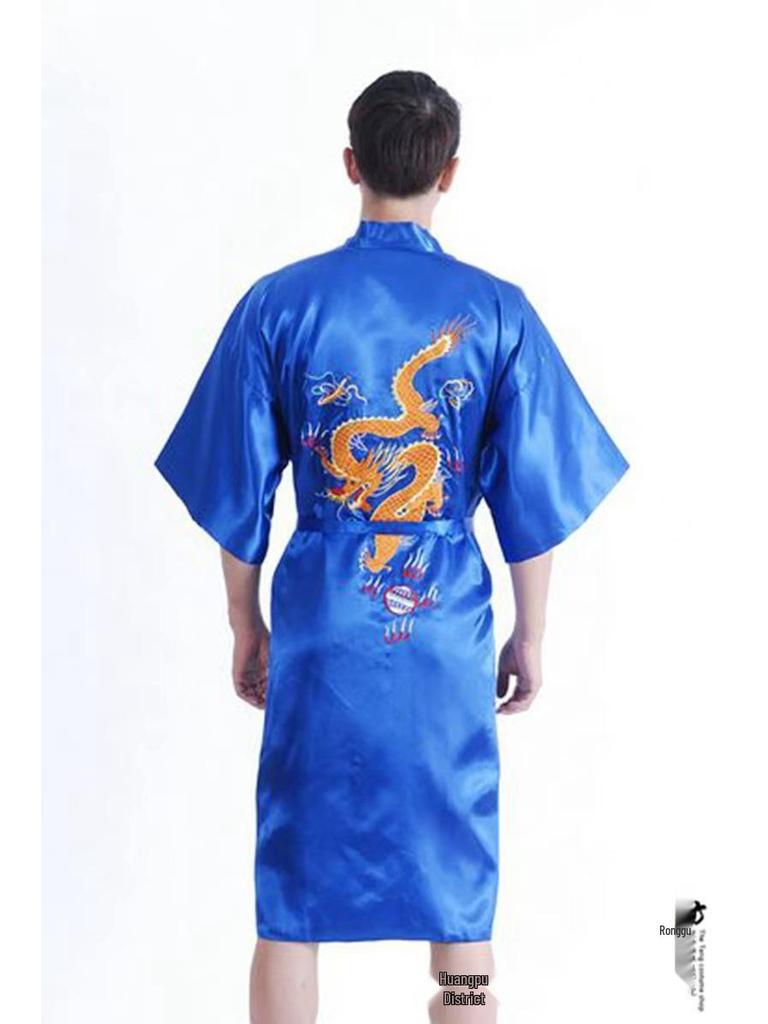 Men's Embroidered Silk Dragon Robe - Chinese Style Long Bathrobe