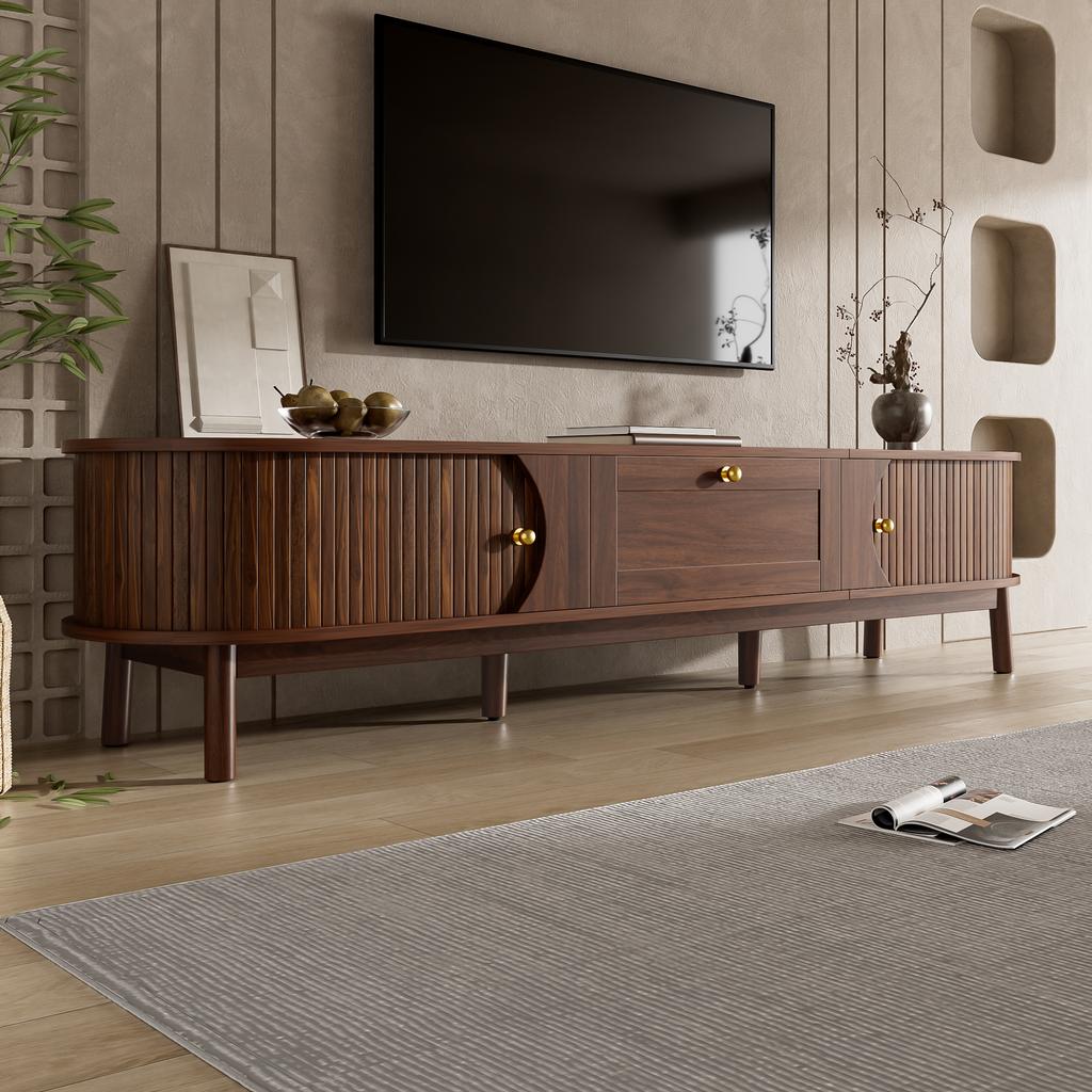 Modern TV Stand made of Solid Wood with Drawers, Classic Rounded Corners, Sturdy Wooden Legs, TV Stand with Storage Space for the Living Room.