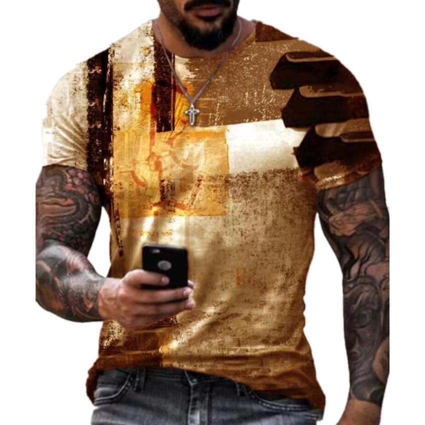 Retro Men's Personalized Color Striped Printed T-shirt Casual Fashion Trend Harajuku Round Neck Top Creative Hip-hop Cool Short Sleeved Streetwear