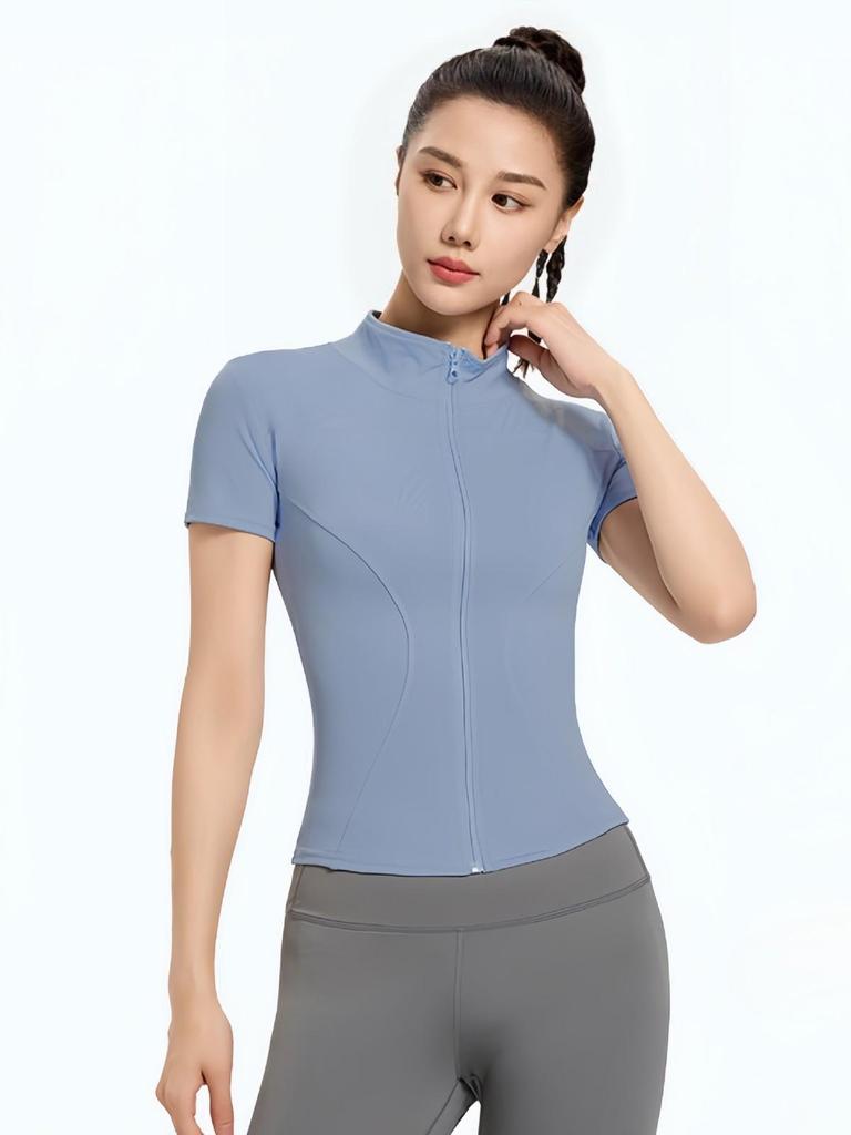 2026 Breathable Short Sleeve Yoga Shirt with Stand Collar, Zipper & Quick Dry for Gym, Running, Sports & Outdoor Activities