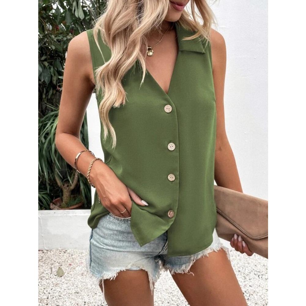 Ärmellose Damen V-Ausschnitt Knopfleiste Bluse Lässiges Einfarbiges Tanktop Hemd