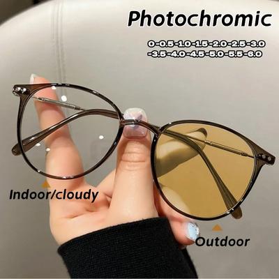Trendy Photochrome Myopie-Brille für Frauen, Anti-Blaulicht, Kurzsichtigkeit, fertige runde Sonnenbrille, Schutzbrille, Dioptrien 0–6,0
