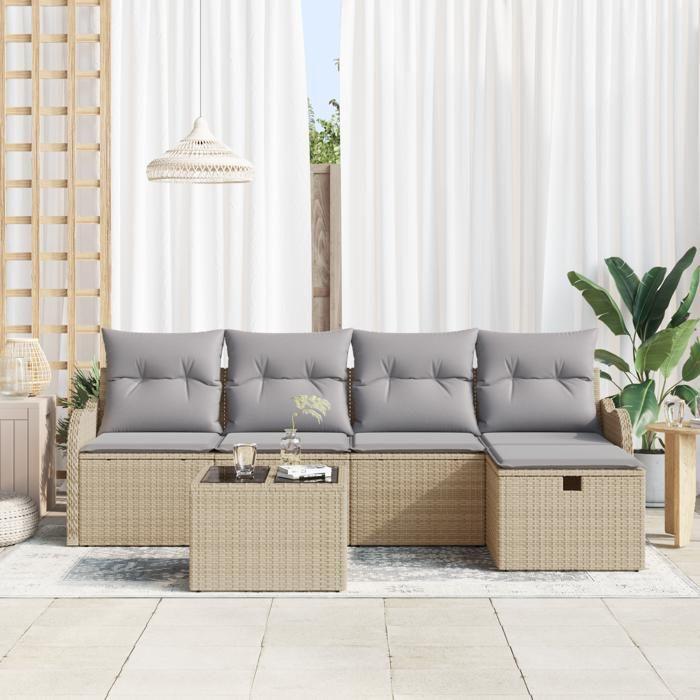 Ensemble de Canapé de Jardin de 6 Pièces avec Coussins Beige Rotin Synthétique, Canapé de Jardin 2 Places avec Rangement 3360301