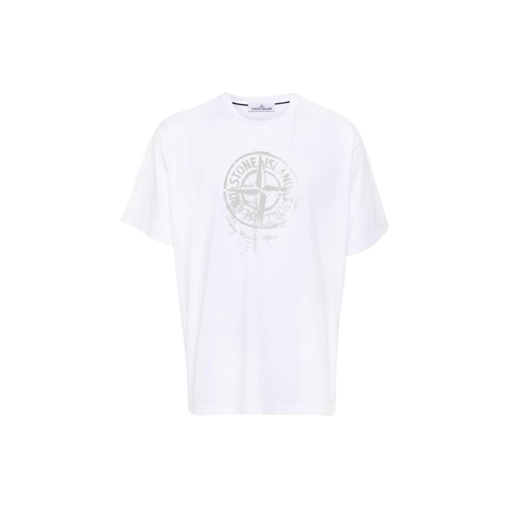 STONE ISLAND T-shirt da Uomo SS24 a Maniche Corte con Girocollo e Logo Bussola Stampato Colore Unico Top Bianchi 80152RC87-V0001