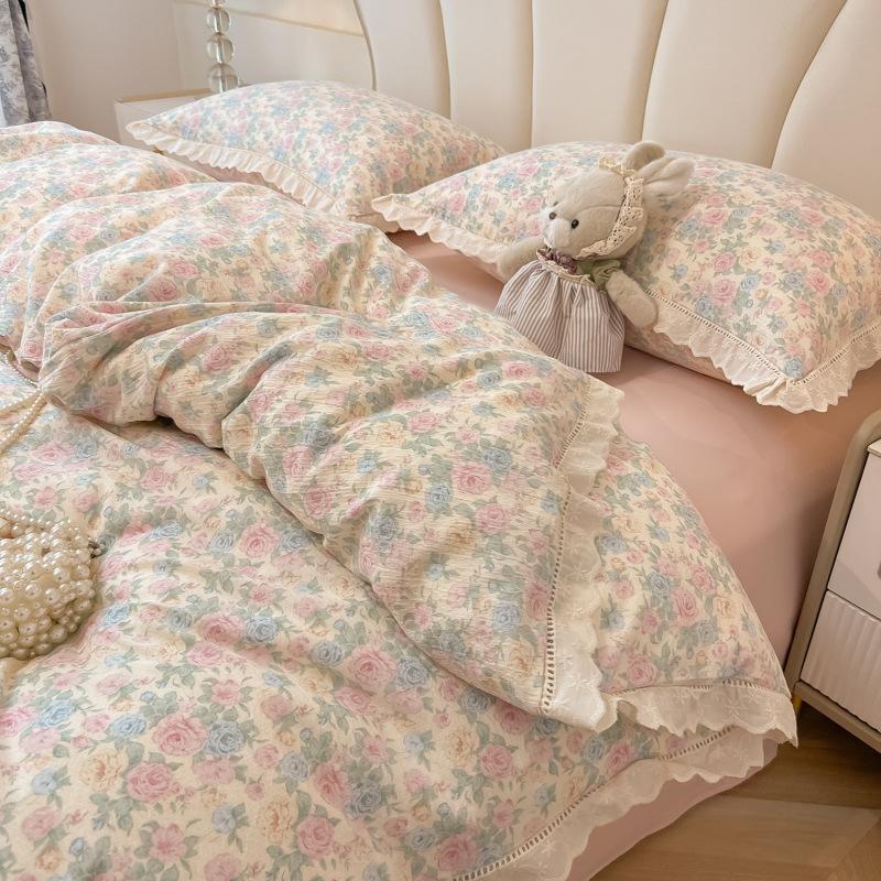 Washed cotton double-layer yarn bed four-piece set princess wind quilt cover knitted cotton bed sheet skin-friendly breathable pillowcase three-piece