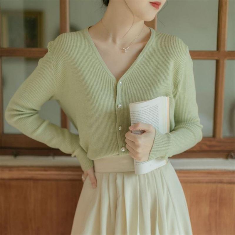Vintage V-neck knitted cardigan summer top gentle wind short green milk wear sweater jacket women