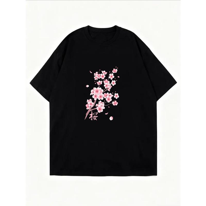 Weißes T-Shirt mit Kirschblütenprint für Damen, lässige Frühlings-Sommer-Kleidung