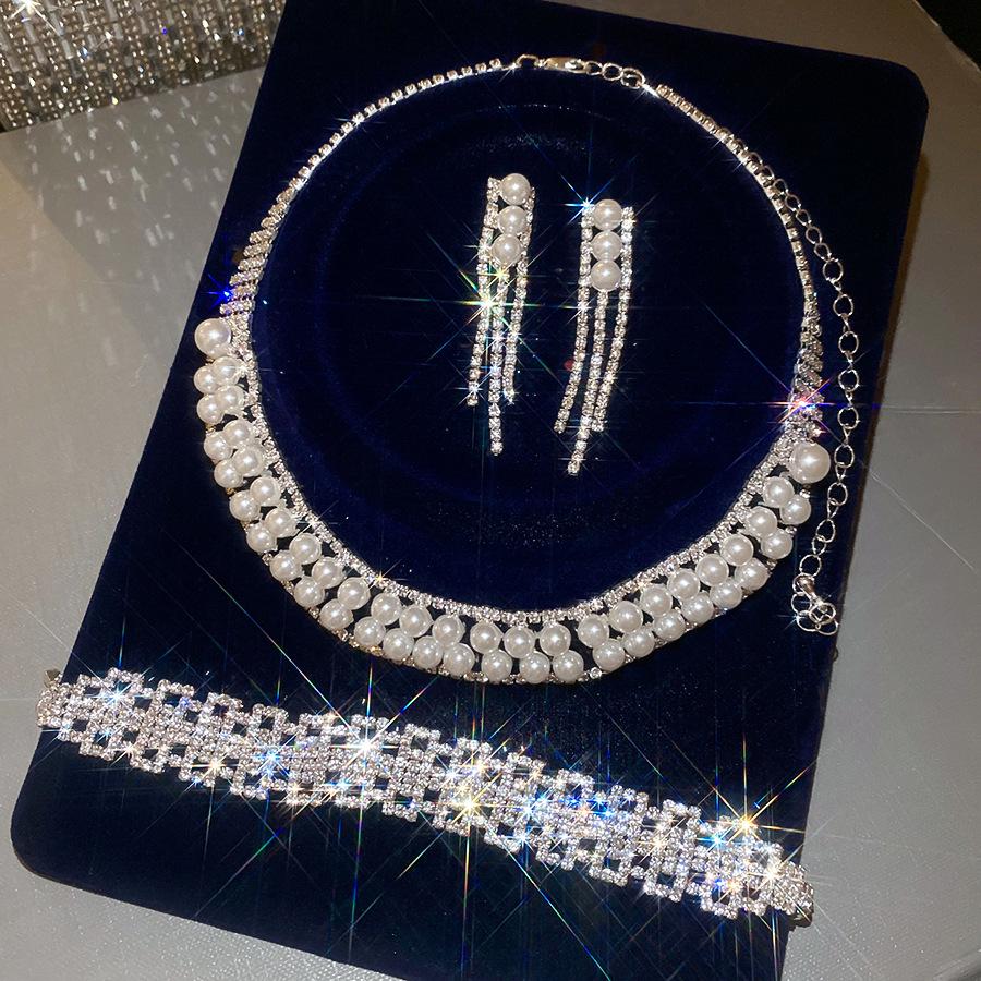 Korean Style Rhinestone Geometric Tassel Pearl Earring and Necklace Set with Luxury Clavicle Chain