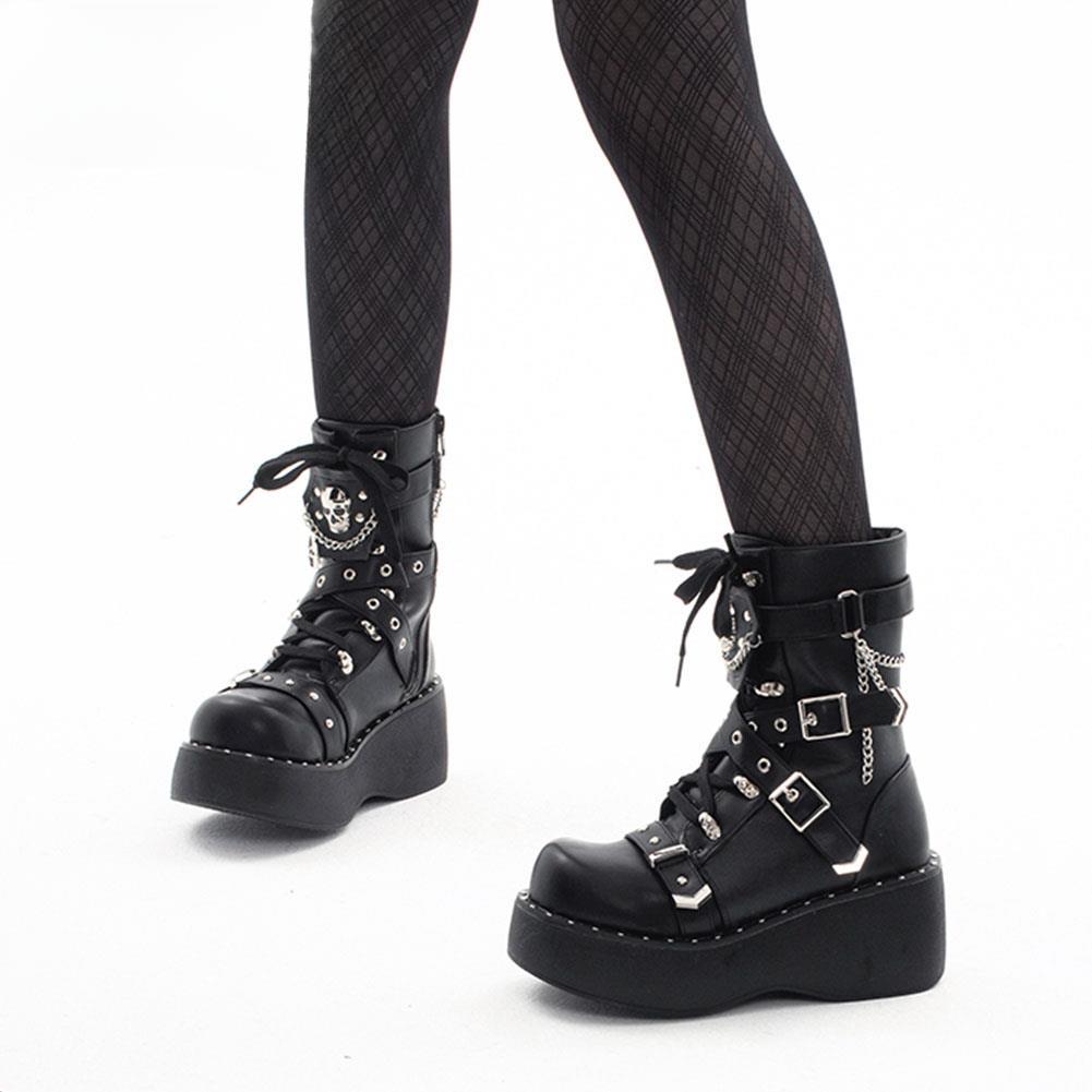 Size 42 Brand New Ladies Wedges High Heels Boots Fashion Metal Decor Buckle Punk Platform Women's Boots Party Goth Street Woman Shoes