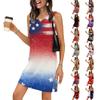 Vestido Casual Feminino com Decote V, Sem Mangas, Barra Dividida e Estampa do Dia da Independência