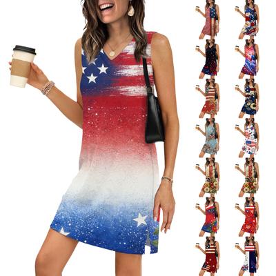 Sleeveless V Neck Casual Dress for Women Flag Print Floral Pattern Summer Dress Lightweight Comfortable