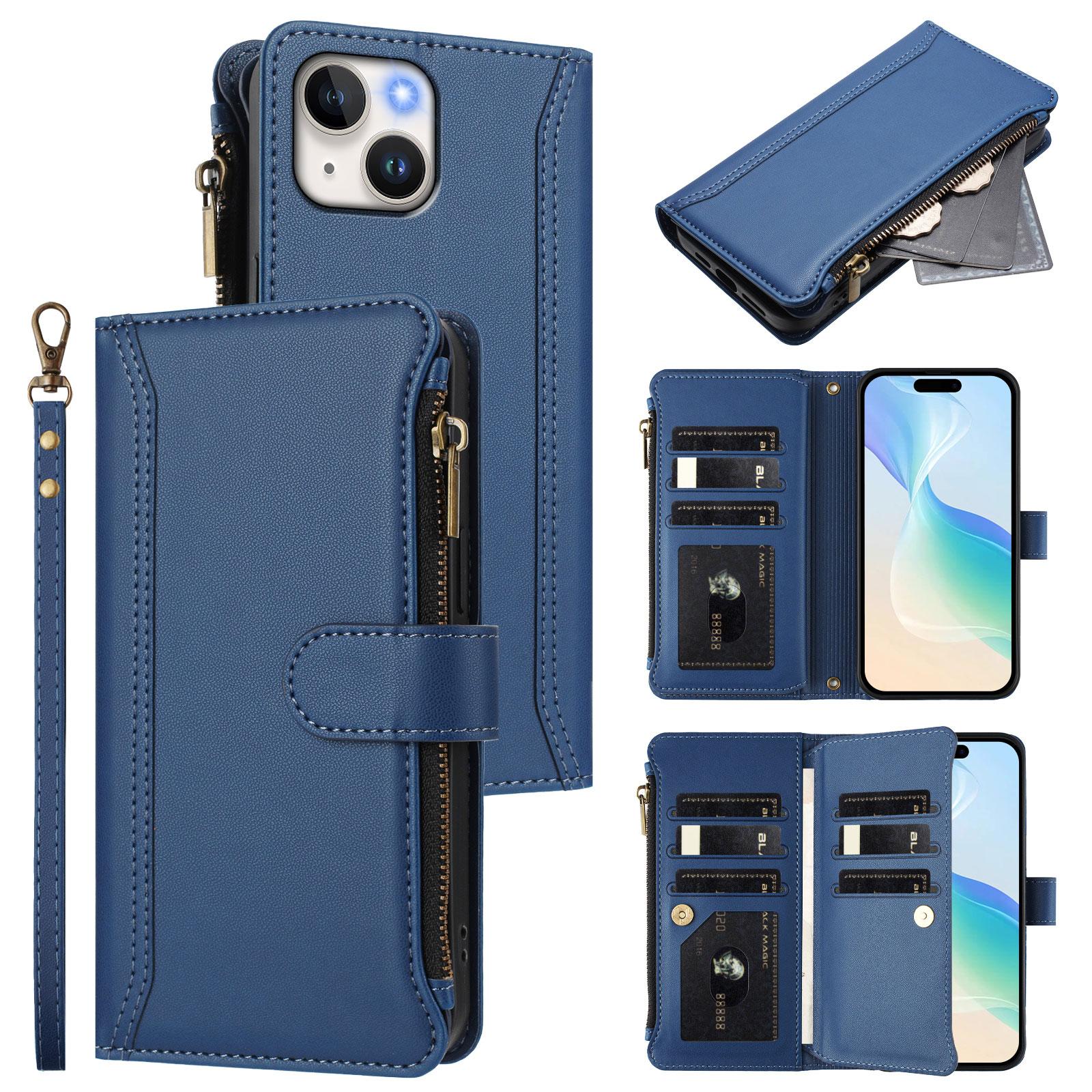 

For iPhone 15 Leather Case 9 Card Slots Zipper Wallet Stand Phone Cover with Wrist Strap Purple