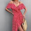 Rochie de vară, sexy, cu umeri fără umăr, cu flori, pentru femei, ocazional, cu mâneci petale, cu gât tăiat, rochie de plajă, cu imprimeu la modă, rochie 24726