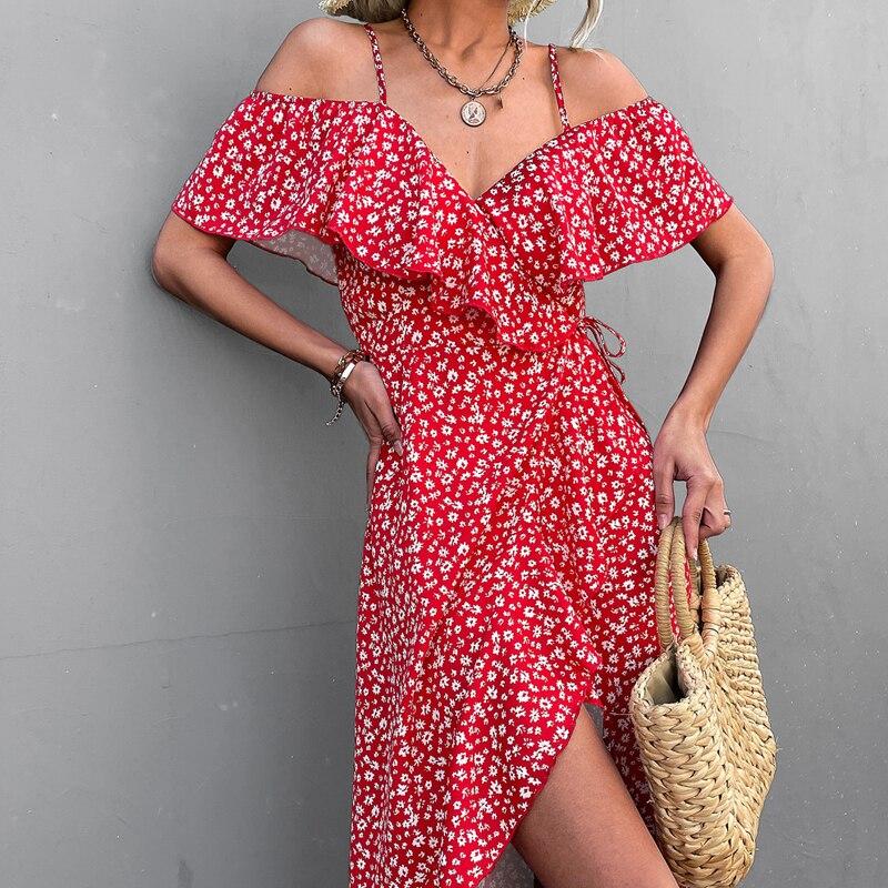 Sommer Sexy Off-Soulder Floral Slip Dress For Kvinner Casual Petal Sleeve Slash Neck Strandkjole Mote trykt skjørt Robe 24726
