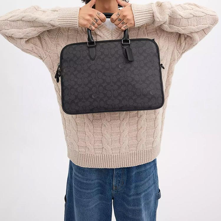 Coach Gotham 38 Classic Print Zipper Closure Coated Canvas And Calfskin Crossbody Shoulder Tote Bag Large Men bags Charcoal CV955-R8E