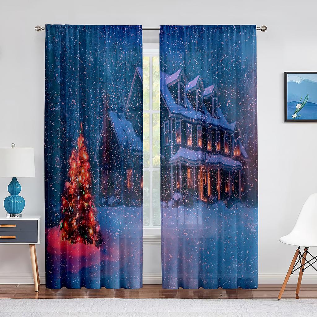 Christmas Scenery Santa Delivering Presents Sheer Voile Curtain Elk Window Tulle Curtains for Living Room Kitchen Bedroom Decor