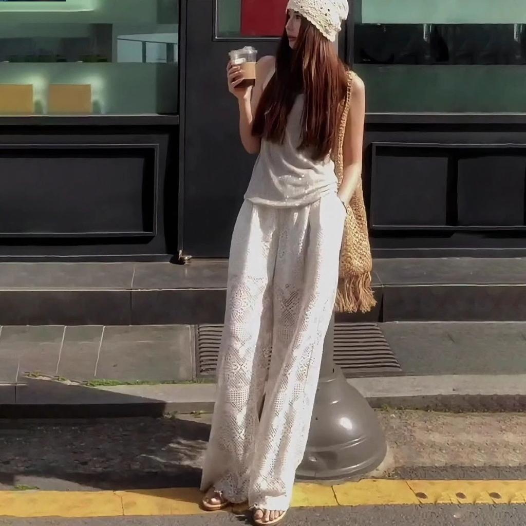 White Hollow Cool Pants for Women - Summer Thin Design-Forward Minimalist Loose Slimming Straight-Leg Casual Trousers