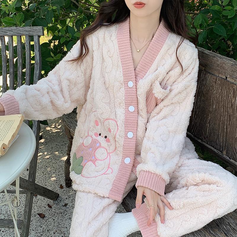 Pijama din catifea coral pentru dama, toamna iarna, catifea extra groasa, incantator, iepure cu capsuni, flanel, set de haine pentru casa