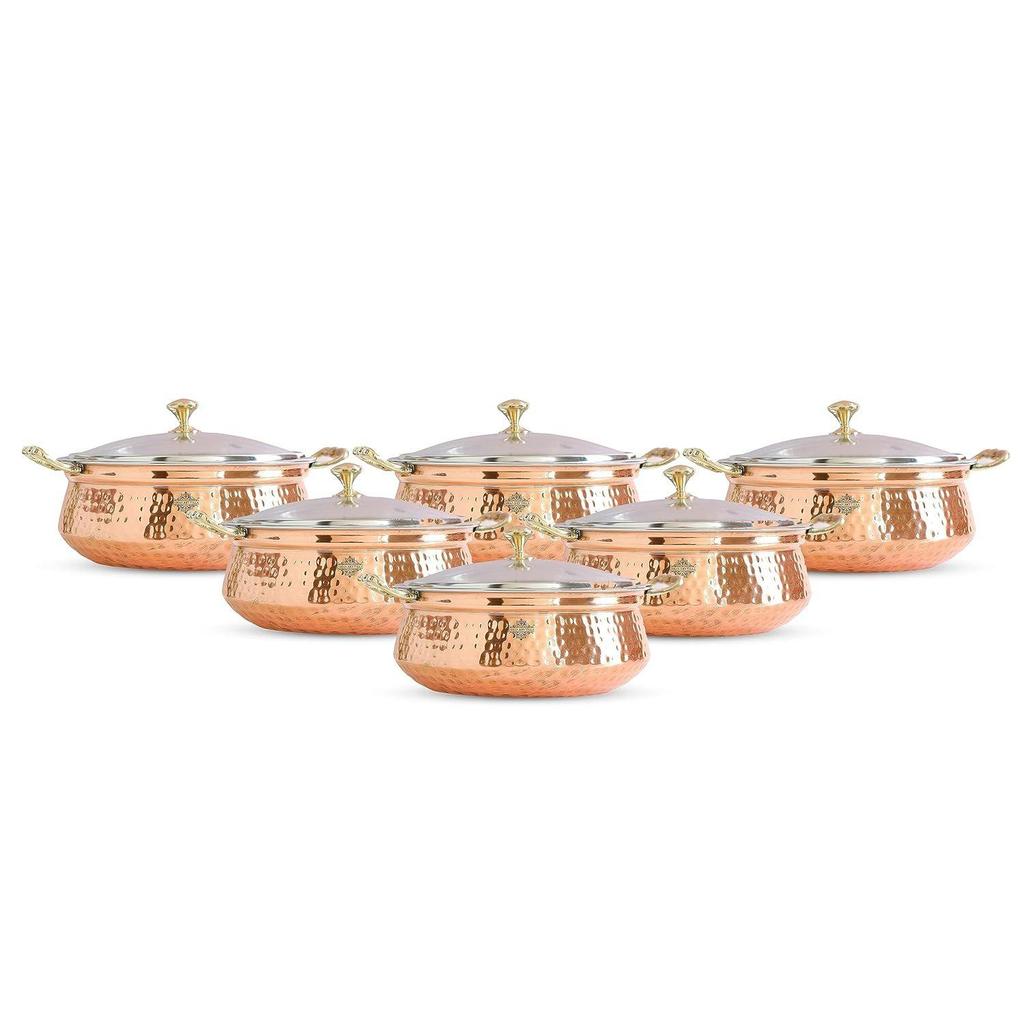 Steel Copper Hammered Design Handi/Bowl/Casserole With Toughened Glass Lid & Brass Knob & Handles, Volume-700 Ml, Pack of 6