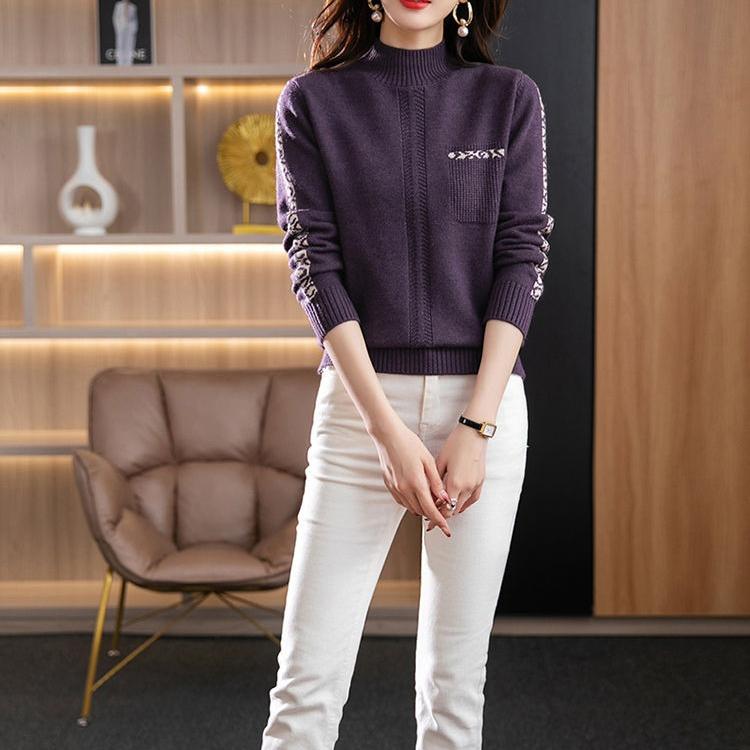 Half Turtleneck Warm Sweater for Women Short Solid-color Loose Knitted Sweater for Autumn and Winter Casual Long-sleeved Pullover