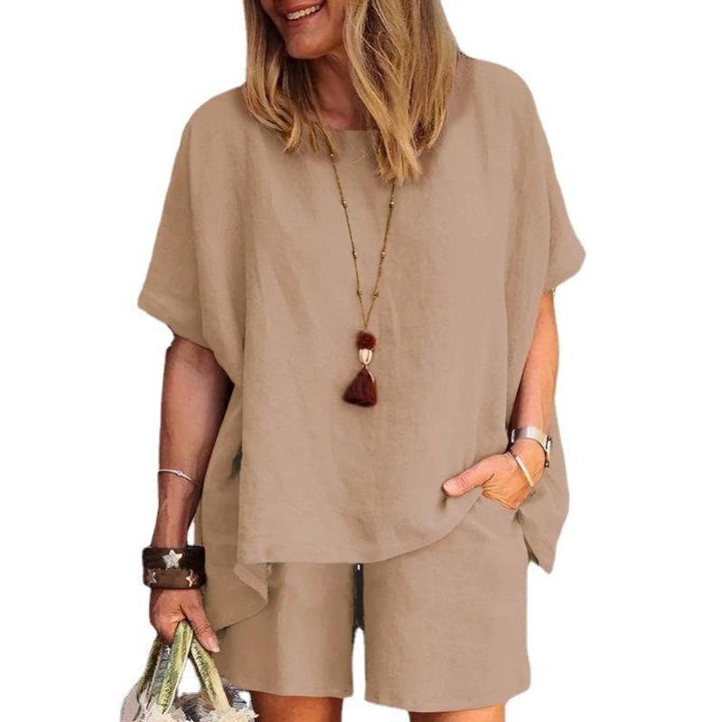 women's Solid Color Batwing Short Sleeve Loose Top High Waist Casual Shorts Summer Two Piece Outfit Set