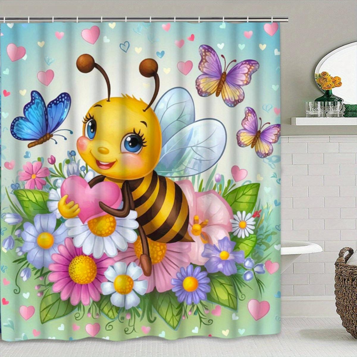 

Cute Bee And Butterfly Shower Curtain, Waterproof Fabric With Colorful Flowers For Kids Bathroom Decor, Fun Theme W60H190(CM)-1 Pcs