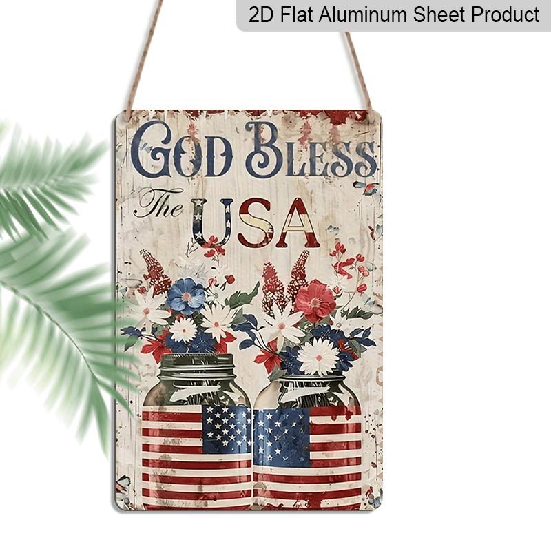 

2D Flat, 8x12 Inch Rustic Vintage Metal Wall Art Sign - Patriotic God Bless America Aluminum Decor with Red White Blue Floral Design, Distressed 20*30cm