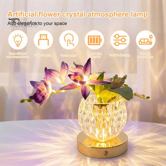 Berührungssteuerung Nachttischlampe Blume Tischlampe, 3 Farben Orchidee Nachtlicht, Wiederaufladbar Kabellos Dimmbar Künstlich Kreativ DIY Florale Leuchte LED mit