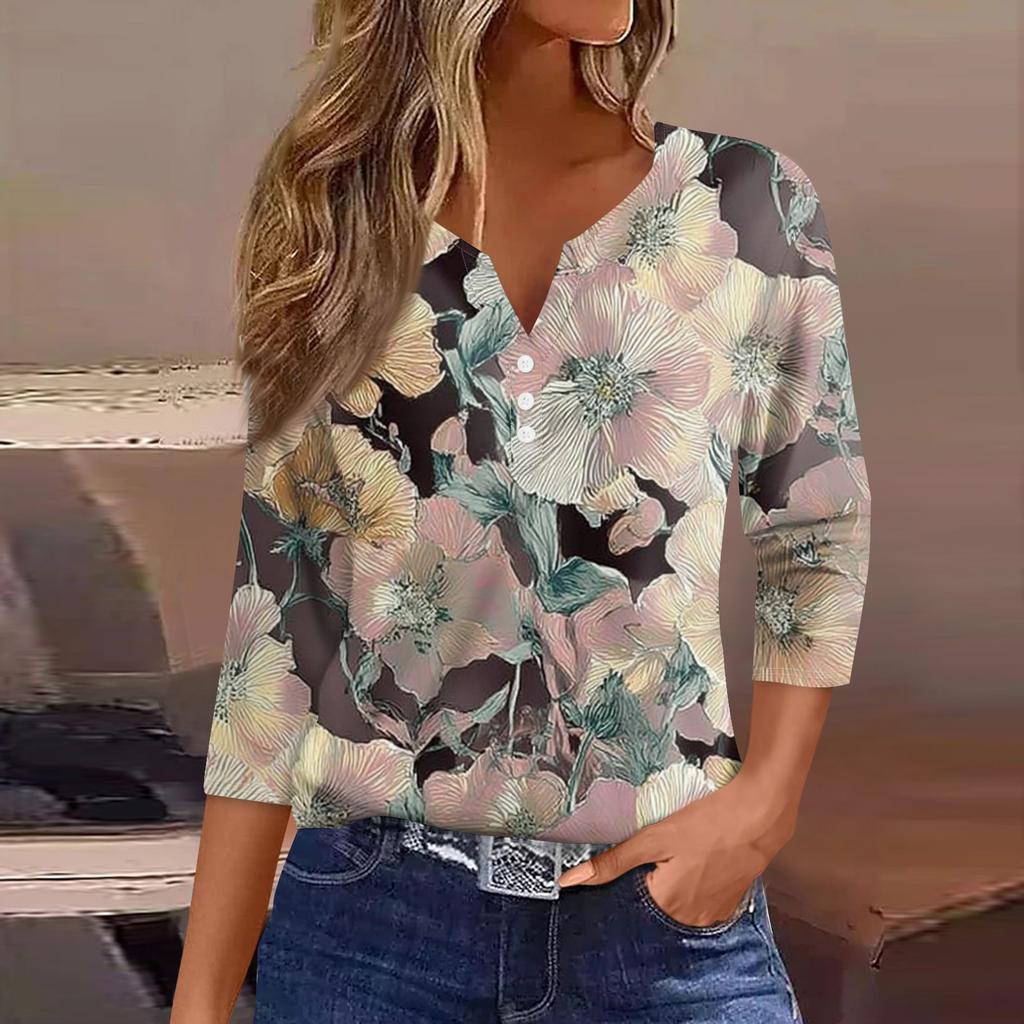 Women's Fashion Casual Floral Print V-Neck Decorative Button Three-quarter Sleeve T-Shirt Top
