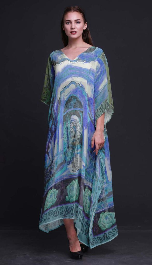 Phagun Elephant Mughal Ladies Kaftan Holiday Loungewear Maxi Dress Beach