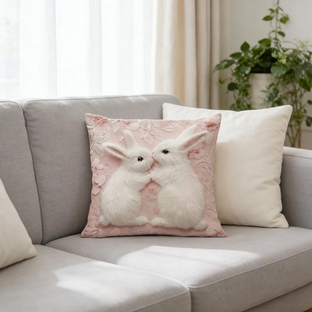 Easter Kissing Bunnies Pillow Cover 2D Fuzzy Floral Print Soft Cozy For Sofa Bed Living Room Spring Romantic Decor Gifts